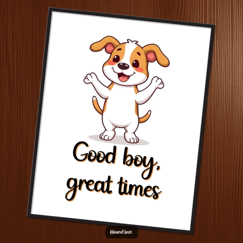 Funny Free Printable Wall Art depicting a happy hound enthusiastically performing a full-body wiggly dance, full of life and joy.