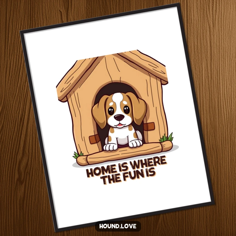 Funny Free Printable Wall Art: A hound character peeks out with curiosity from inside a comically gigantic dog house.