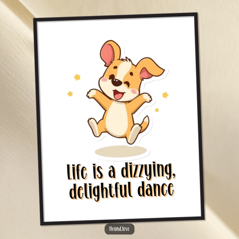 Funny Free Printable Wall Art: A delighted hound spins ecstatically, perfect for humorous downloadable decor and DIY gifts.