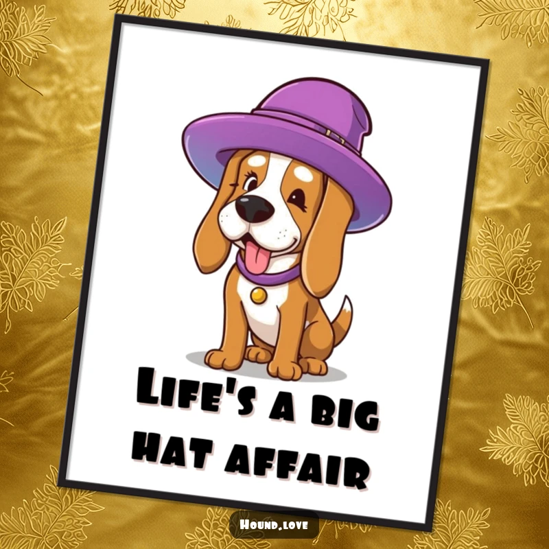Funny Free Printable Wall Art: Hound dog comically straining to wear a giant, colorful hat, whimsical art.