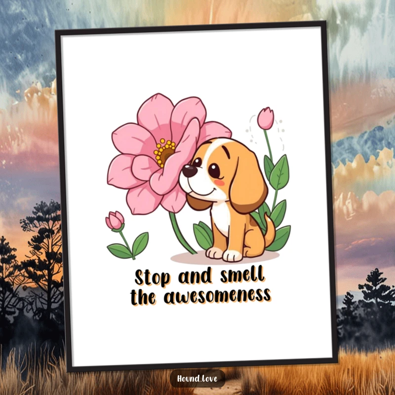 Funny Free Printable Wall Art: Hound dog curiously sniffing a giant fragrant flower with a happy droopy expression.