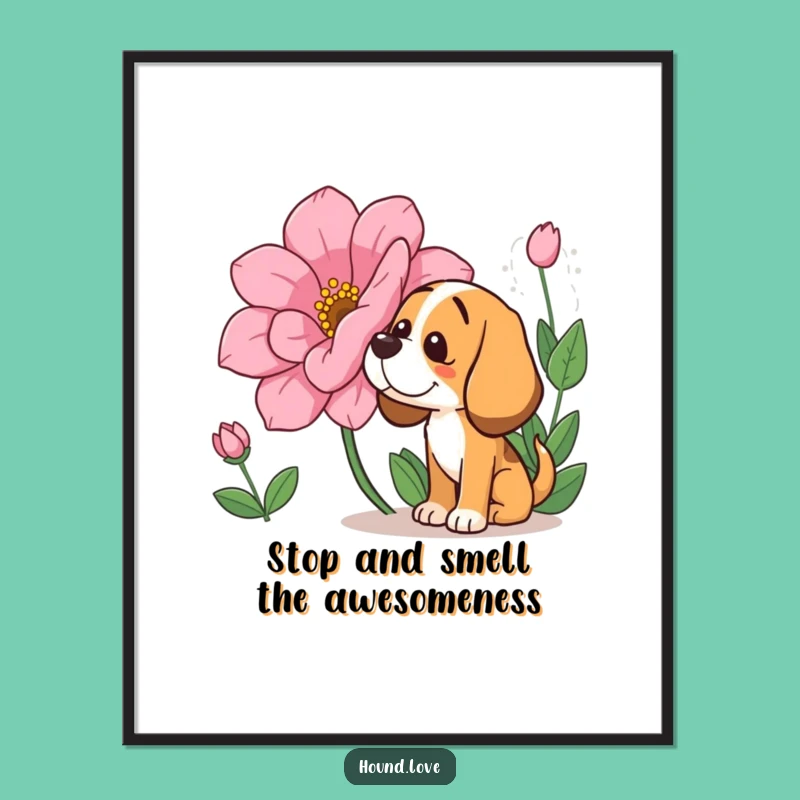 Free Printable Wall Art: Dog Sniffing Flower, Whimsical Canine Art Downloadable