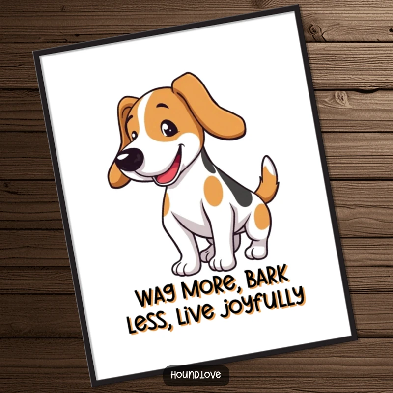 Funny Free Printable Wall Art of an overjoyed hound dog with very long ears, wagging its tail with pure happiness. Downloadable art.