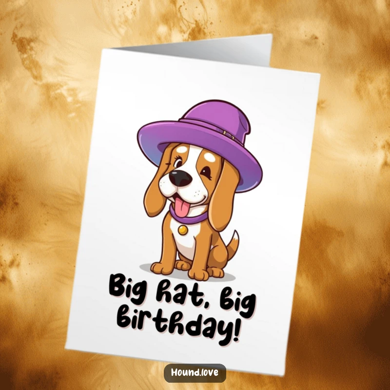 Funny Free Printable Birthday Card: Hound dog comically straining to wear an oversized, colorful hat, birthday humor.
