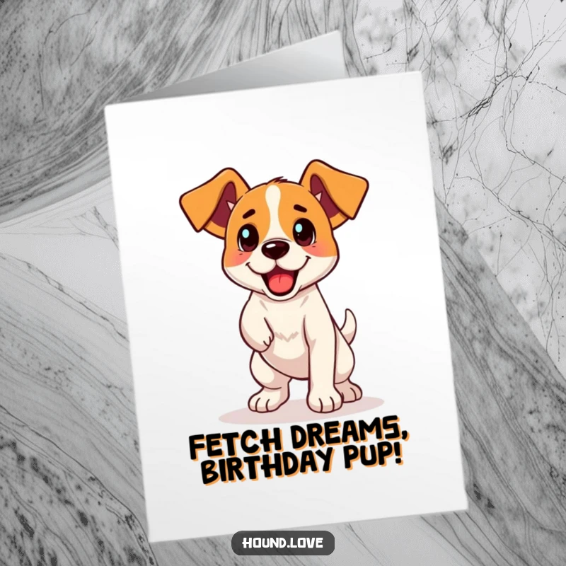 Funny Free Printable Birthday Card: Excited hound dog leaping with perked ears, ready to fetch birthday fun.