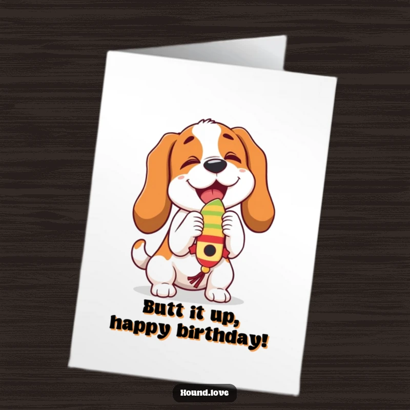 Funny Free Printable Birthday Card: A happy hound joyfully butting a dangling, wiggling toy with great enthusiasm.
