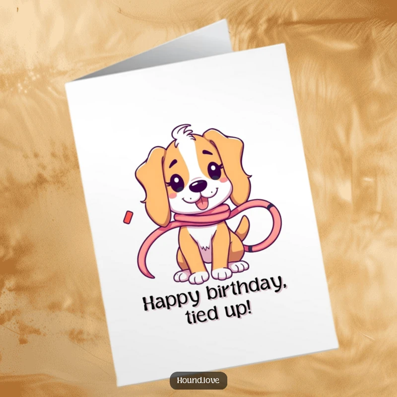 Funny Free Printable Birthday Card: A cute hound character playfully tangled up in a long, colorful flowing ribbon.