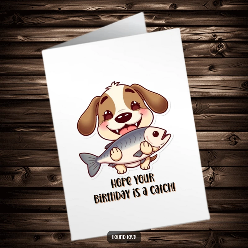 Funny Free Printable Birthday Card: A hound with a wide, goofy grin proudly holding a slippery fish, ready to celebrate.