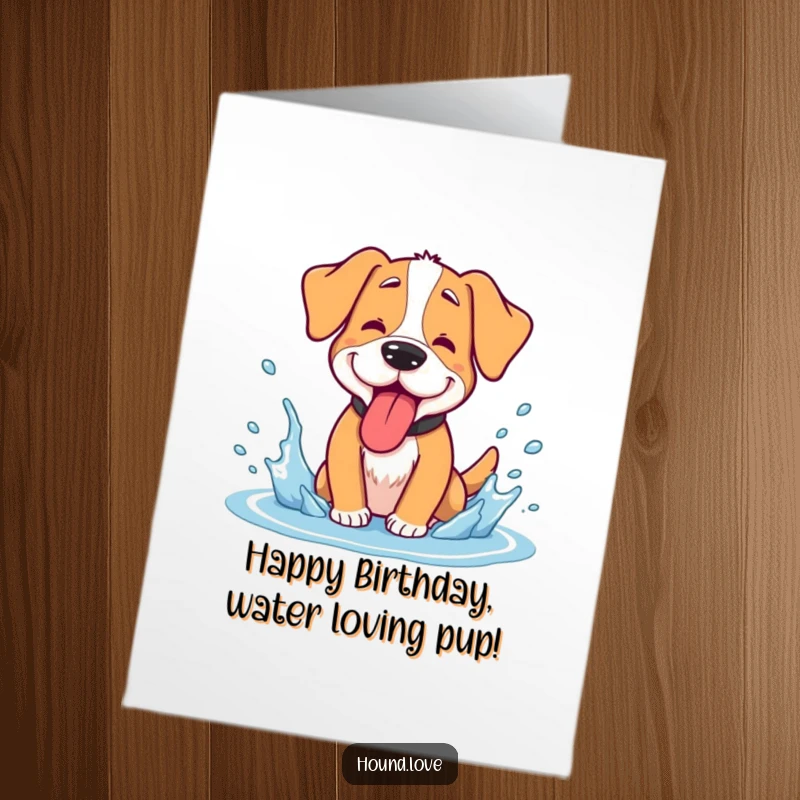 Funny Free Printable Birthday Card: A goofy hound pants with tongue lolling, joyfully splashing in cool water.