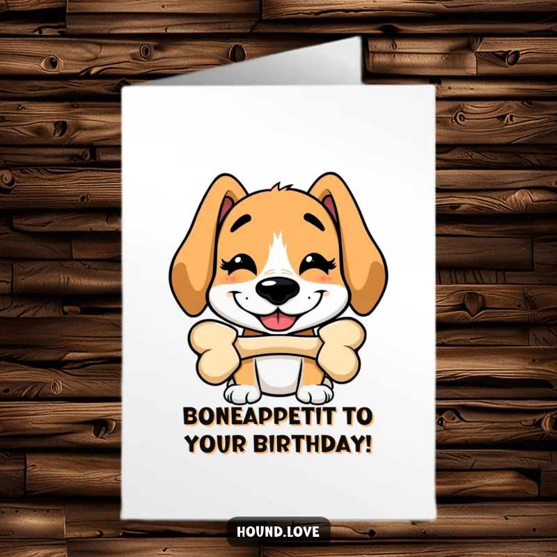 Funny Free Printable Birthday Card: A hound with a silly grin attempts to balance a bone on its nose, bringing goofy birthday cheer.