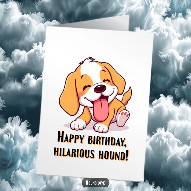 Funny Free Printable Birthday Card: A hound comically tumbles with its tongue lolling out mid-fall. Downloadable hilarity.