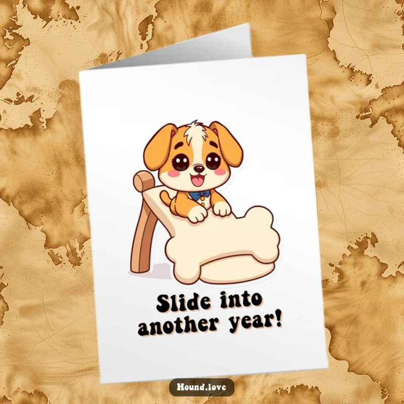 Funny Free Printable Birthday Card: Giddy hound slides gleefully down a wiggly bone-shaped slide, celebrating birthdays, downloadable gift.