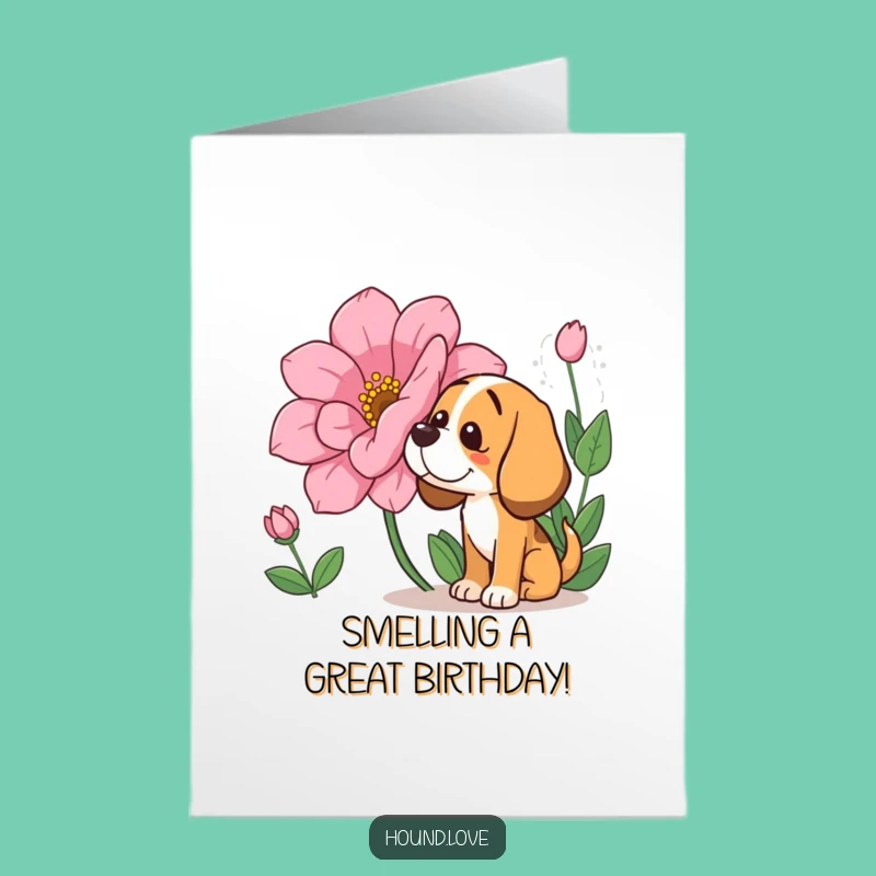 Free Printable Birthday Card: Sniffing Dog, Funny Flower Humor Downloadable Gift Card