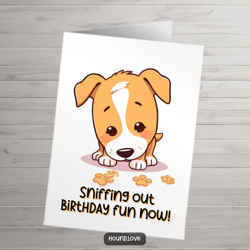 Funny Free Printable Birthday Card: Hound excitedly sniffing sparkling paw prints, following a trail of birthday joy and fun.