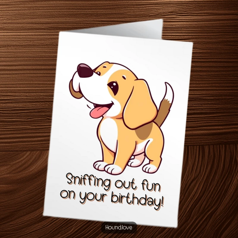 Funny free printable birthday card: a happy hound with floppy ears, wagging tail, joyfully sniffing the air.