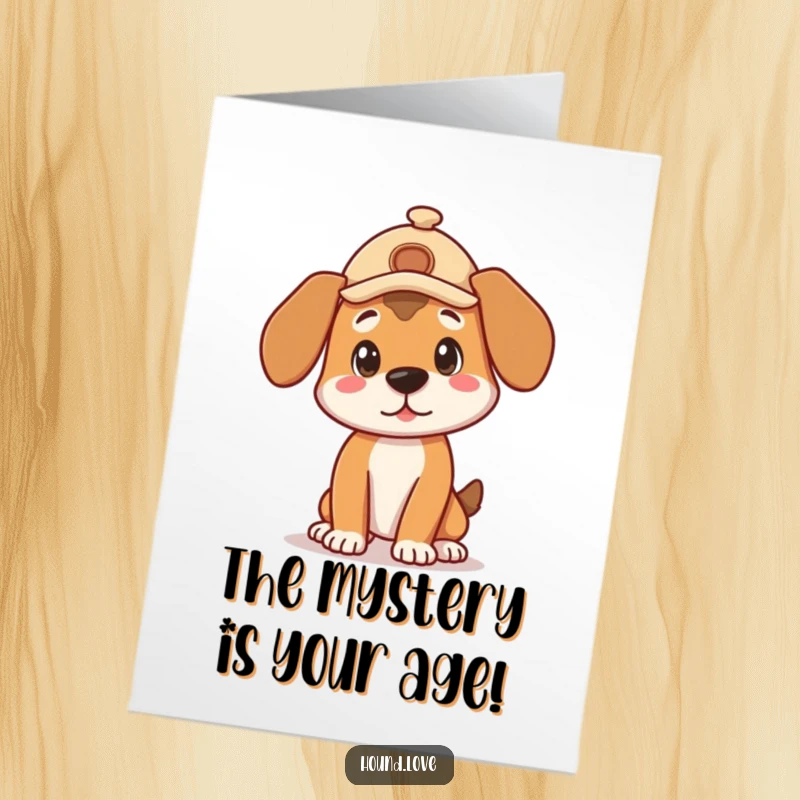 Funny Free Printable Birthday Card: Cute hound in a detective hat, striking a curious pose, ready to investigate.