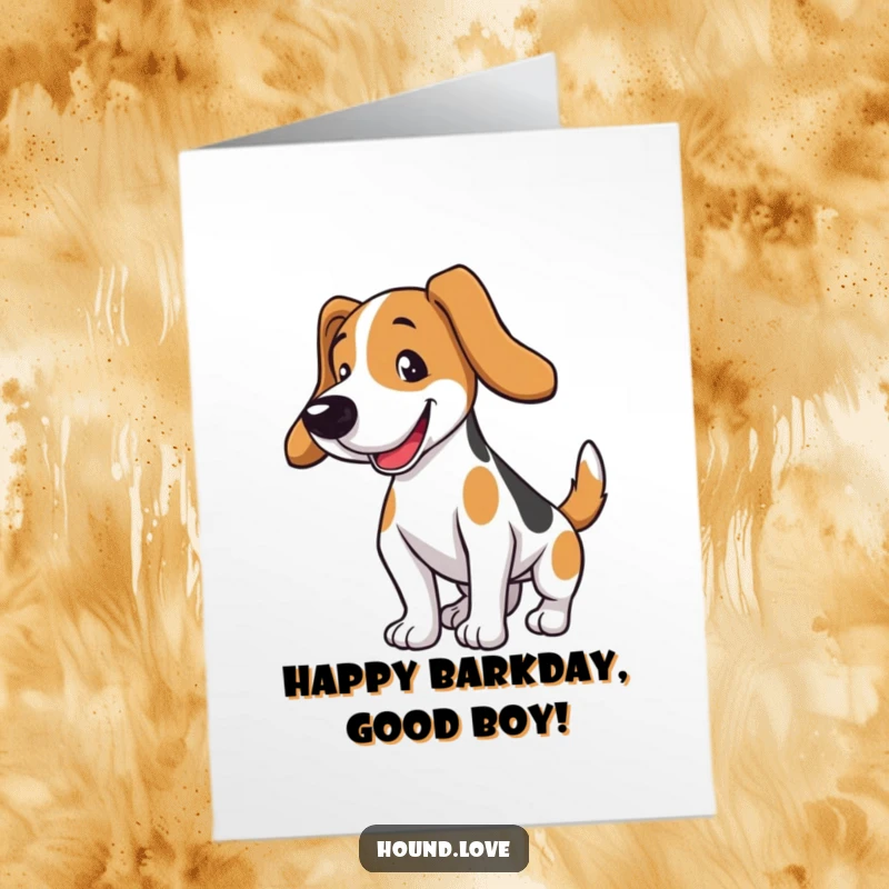 Funny Free Printable Birthday Card featuring an ecstatic hound dog with impossibly long ears, wagging its tail wildly. A downloadable treat.