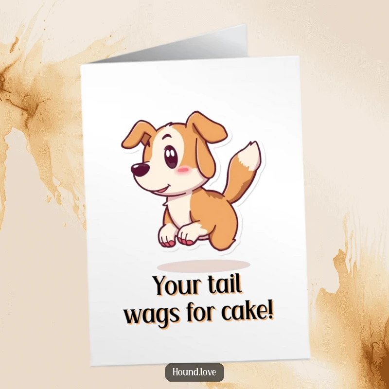 Funny Free Printable Birthday Card: Hound leaps back surprised from its own hyper wagging tail, a humorous downloadable birthday surprise.