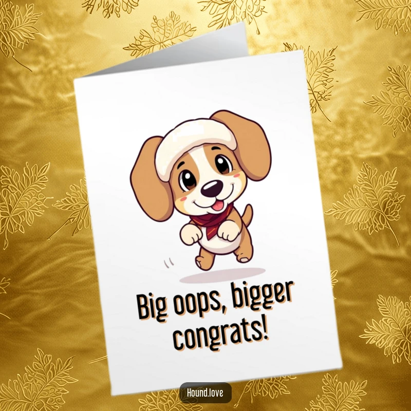 Funny Free Printable Congratulations Card: Energetic Hound Dog Tripping with Joy, Overjoyed Expression