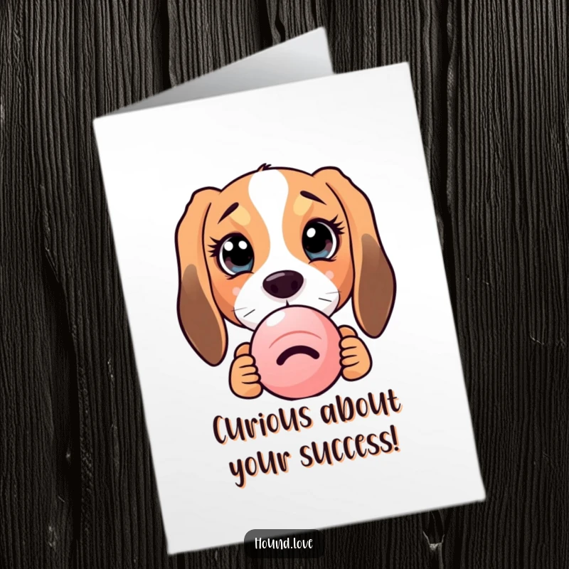 Funny Free Printable Congratulations Card featuring a hound with enormous, curious eyes peeking from behind a squeaky toy, celebrating achievement.