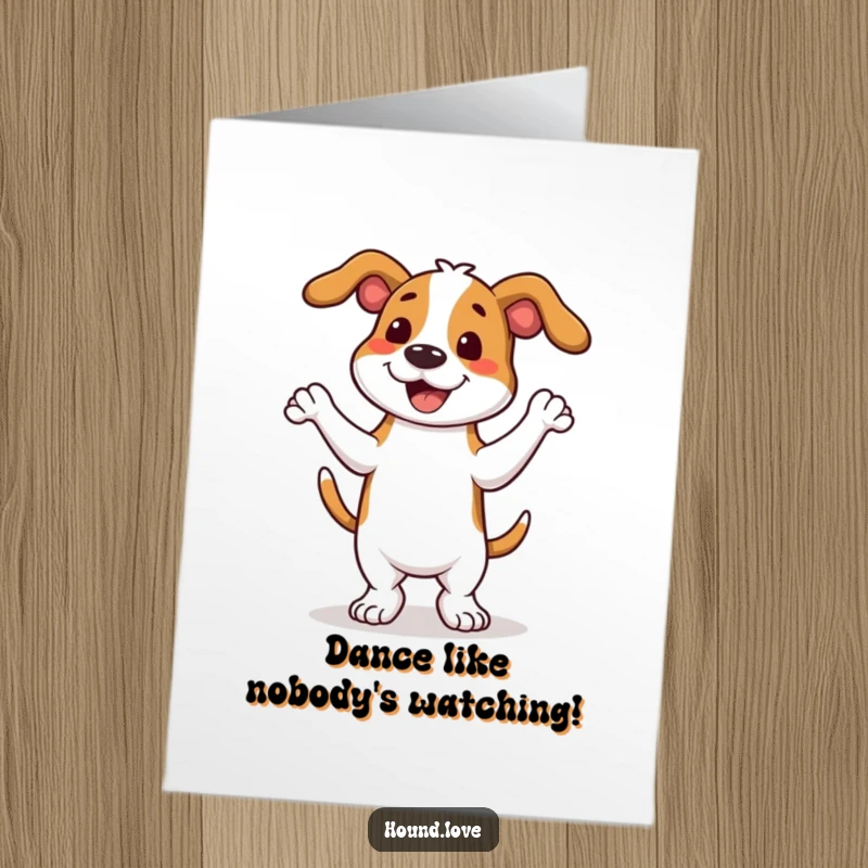 Funny Free Printable Congratulations Card of a delighted hound performing an ecstatic full-body wiggly dance of celebration.
