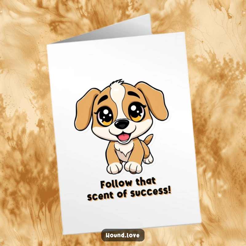 Funny Free Printable Congratulations Card: Hound with big sparkling eyes, leaping with excitement towards a discovered scent.