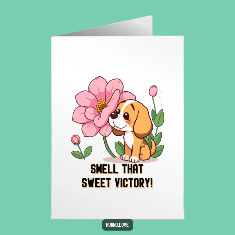 Free Printable Congrats Card: Dog Sniffing Flower, Humorous Bloom Downloadable
