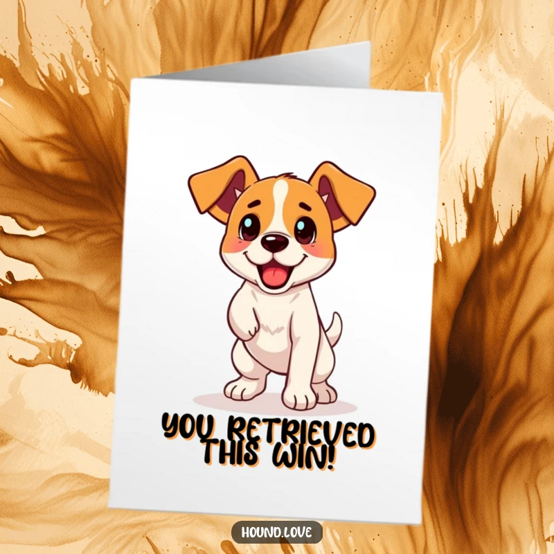 Free Printable Congratulations Card: Excited hound dog ready to jump and celebrate your amazing success.