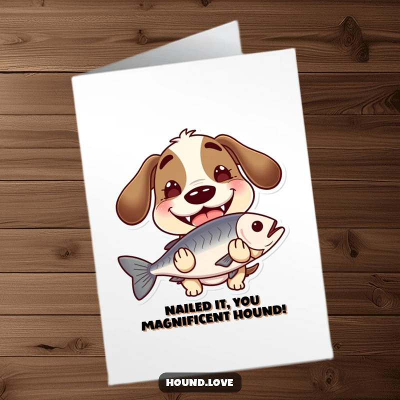Funny Free Printable Congratulations Card: A happy hound with a huge grin, triumphantly holding a slippery fish.