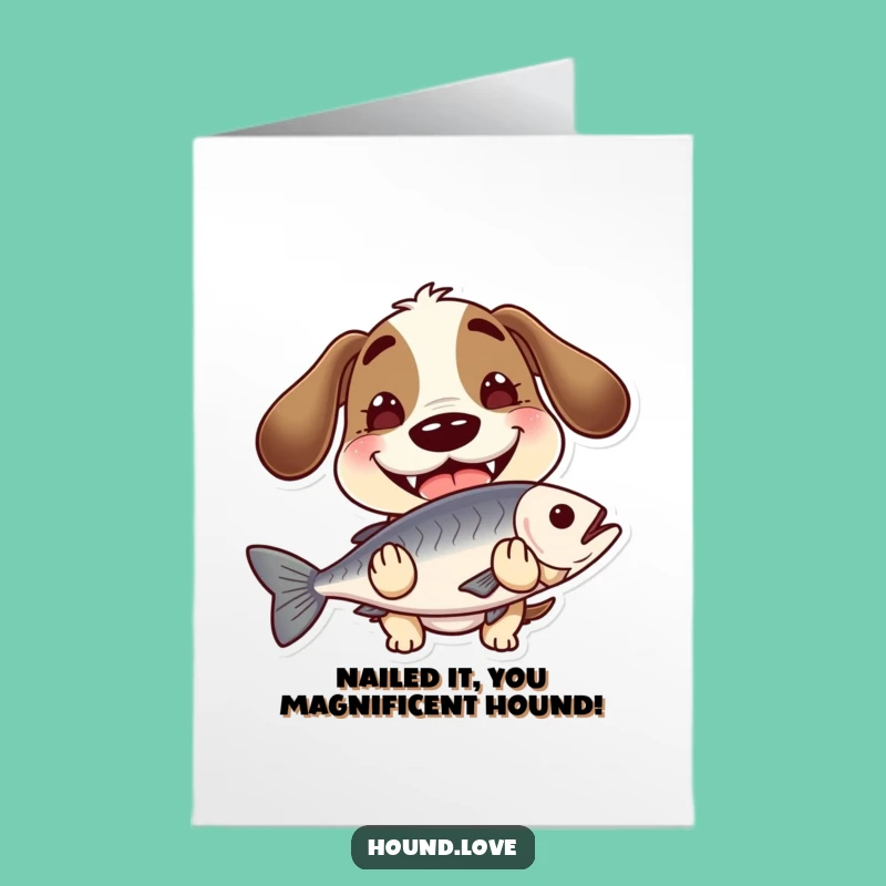 Free Printable Congrats Card: Grinning Hound Fish Celebration Downloadable
