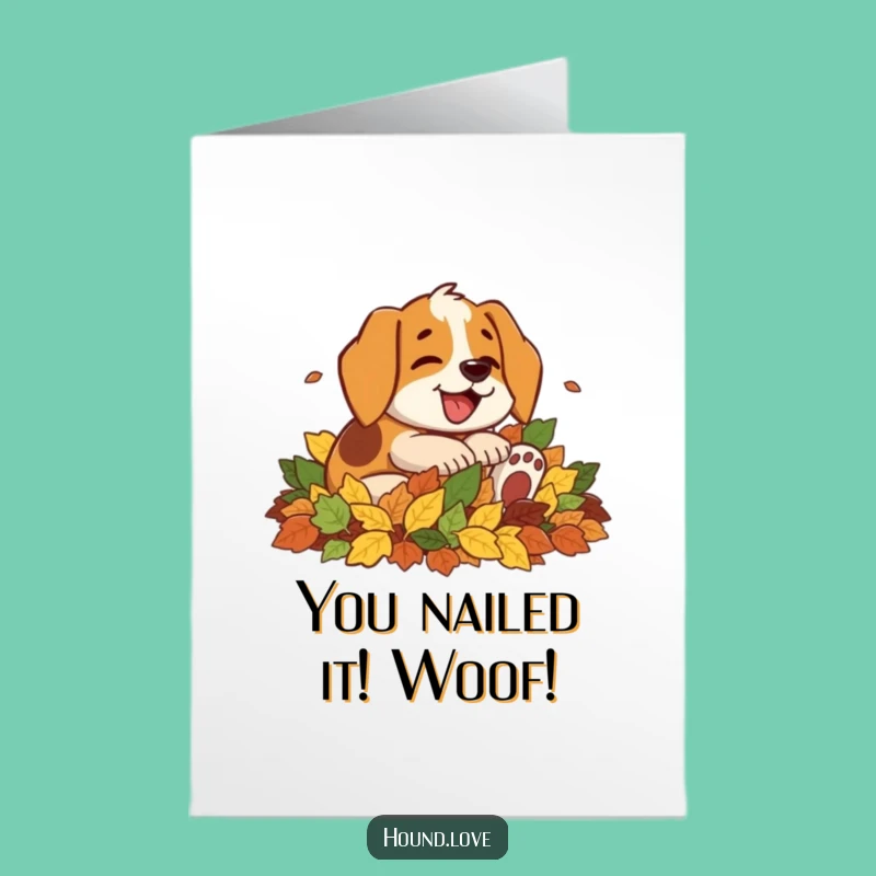 Free Printable Congrats Card: Happy Hound Leaf Pile, Cheerful Downloadable Gift