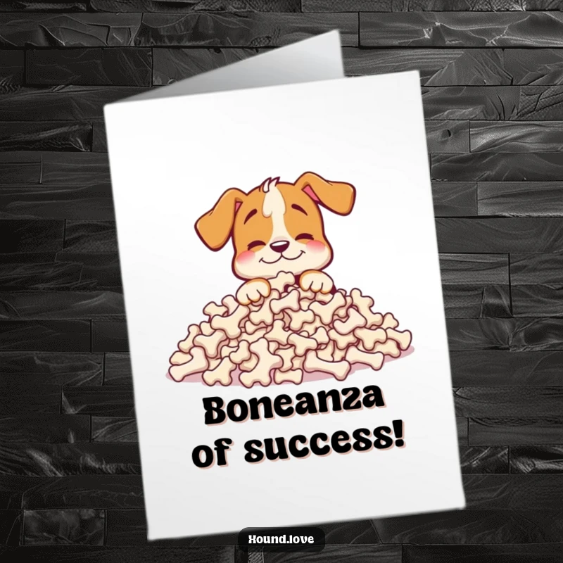 Funny Free Printable Congratulations Card: Happy hound buries nose in huge bone pile, celebrating success, downloadable art.