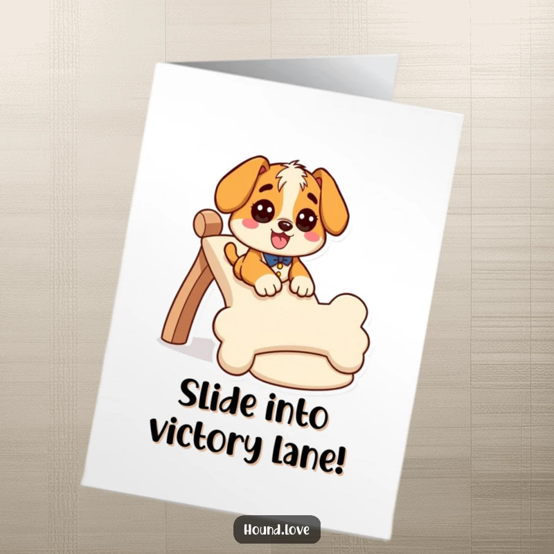 Funny Free Printable Congratulations Card: Giddy hound slides down a wiggly bone-shaped slide, celebrating success, downloadable art.