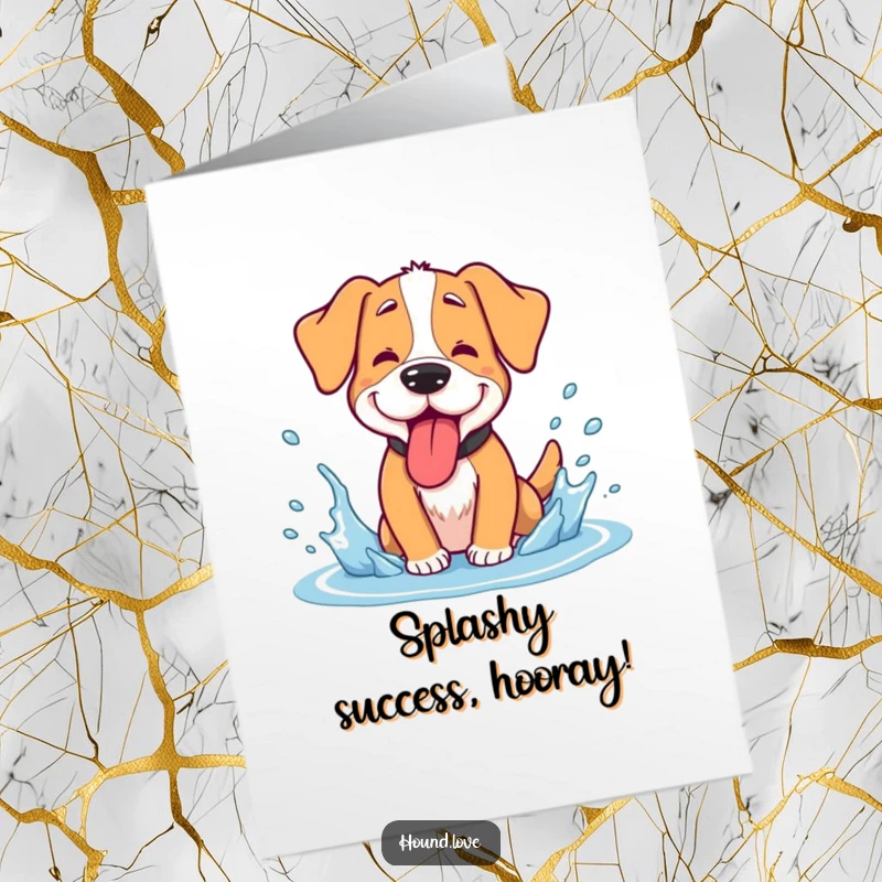 Funny Free Printable Congrats Card: A happy hound pants with its tongue out, enjoying a refreshing cool water splash.