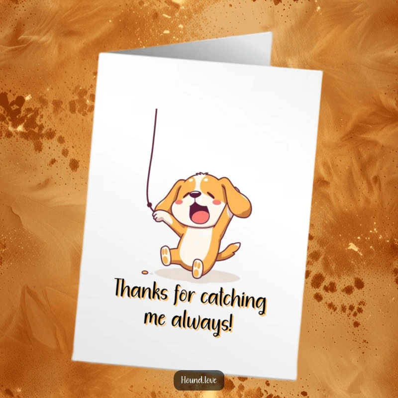 Funny Free Printable Thank You Card depicting a hound's comical fall while trying to catch a dangling string, saying thanks with humor.