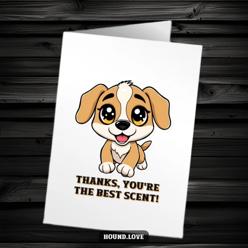 Funny Free Printable Thank You Card: Excited hound with sparkling eyes, leaping towards a scent to express thanks.