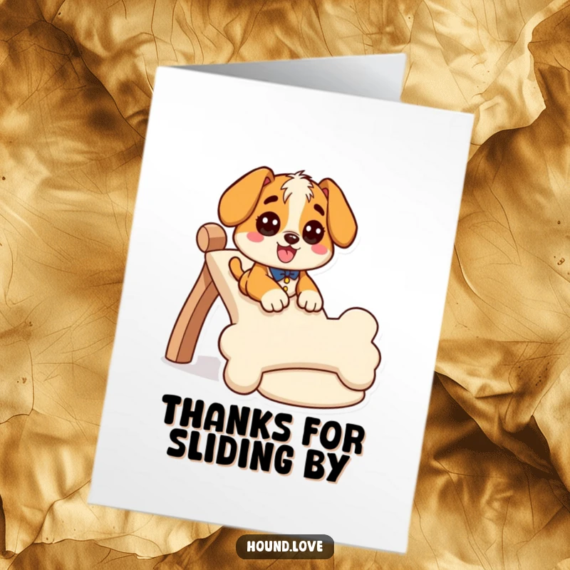 Funny Free Printable Thank You Card: Giddy hound slides down a wiggly bone-shaped slide, joyfully expressing thanks, downloadable art.