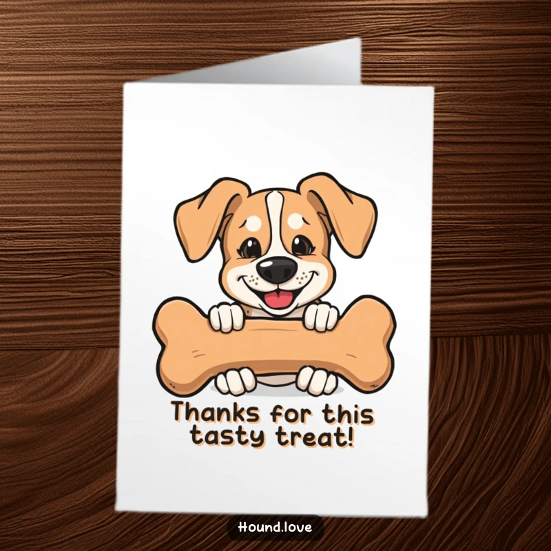 Funny Free Printable Thank You Card: Hound with a mischievous grin behind a bone, expressing thanks with a playful wink.