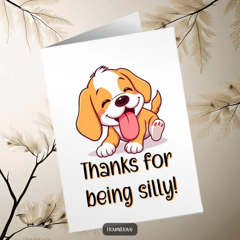 Funny Free Printable Thank You Card featuring a happy hound comically tumbling with its tongue lolling out. A downloadable delight.