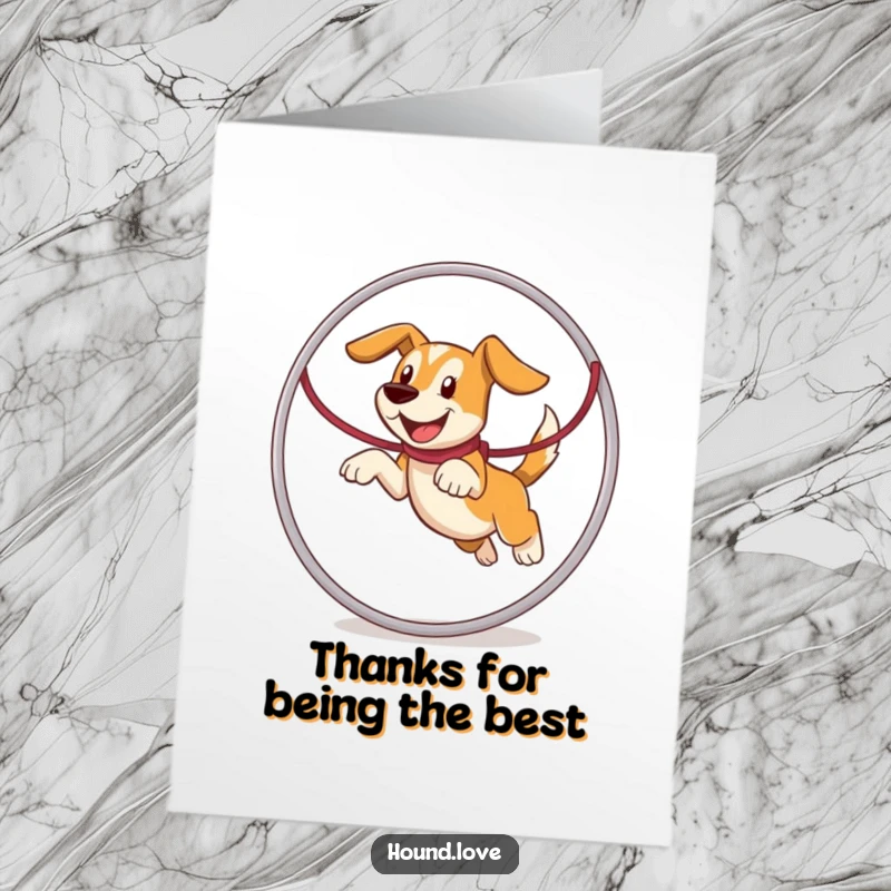 Funny Free Printable Thank You Card: A joyful hound mid-leap through a giant hoop formed by its own leash.