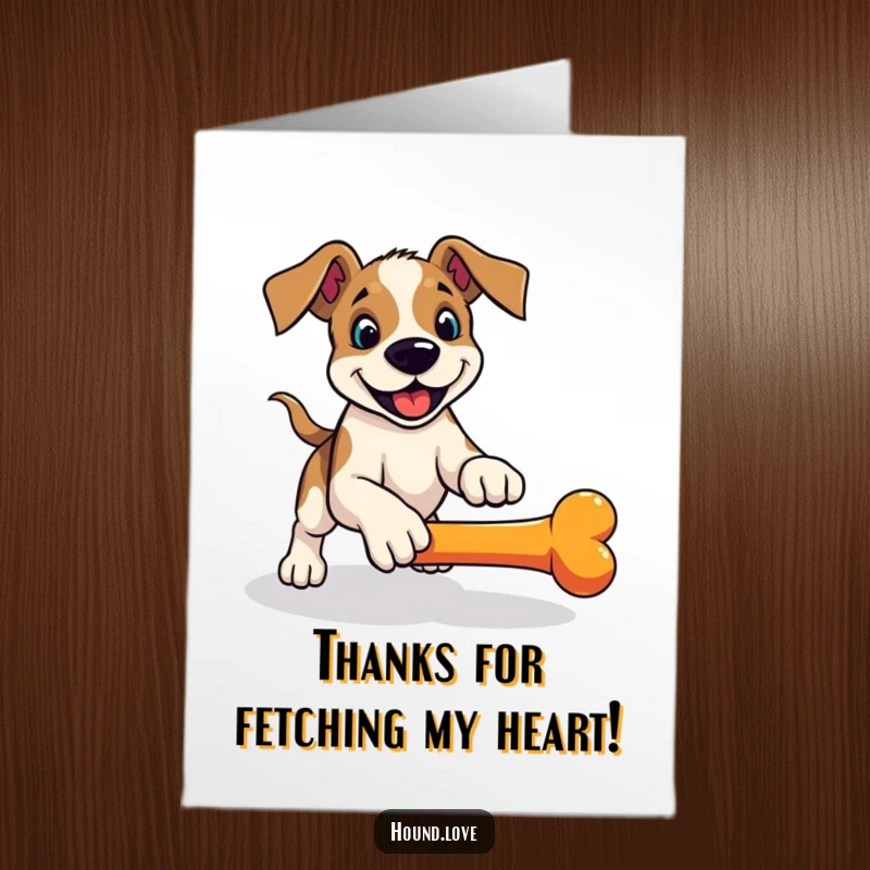 Funny Free Printable Thank You Card: A playful hound pounces, ready to fetch a rolling bone, conveying energetic thanks.