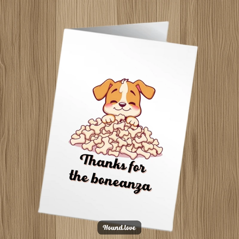 Funny Free Printable Thank You Card: Happy hound buries nose deep into a comically large pile of bones, expressing thanks, downloadable art.