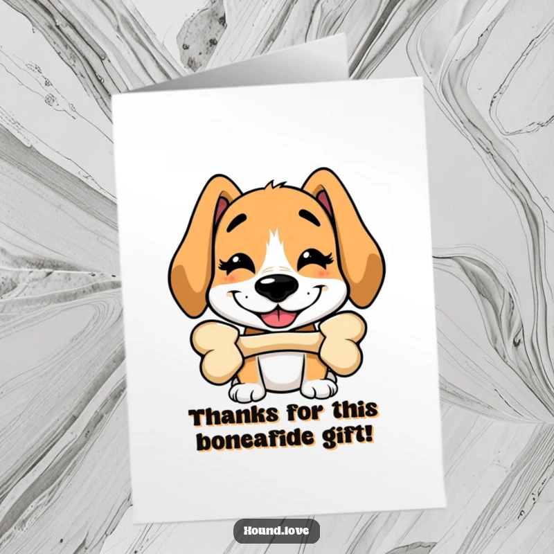Funny Free Printable Thank You Card: A hound with a goofy grin tries to balance a bone on its nose, offering thanks with humor.