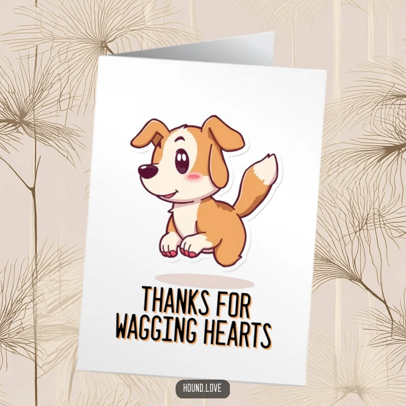 Funny Free Printable Thank You Card: Hound surprised by its own vigorous tail wag, expressing deep gratitude, downloadable art.