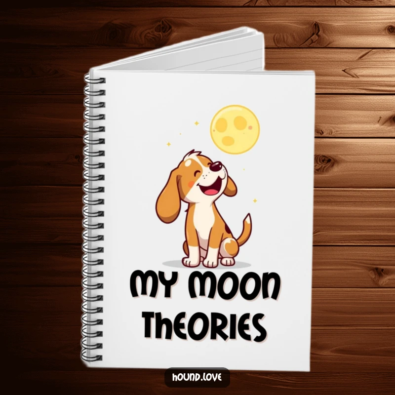 Funny Notebook with a joyful hound character baying at a playful, bouncing moon, ideal for journaling.
