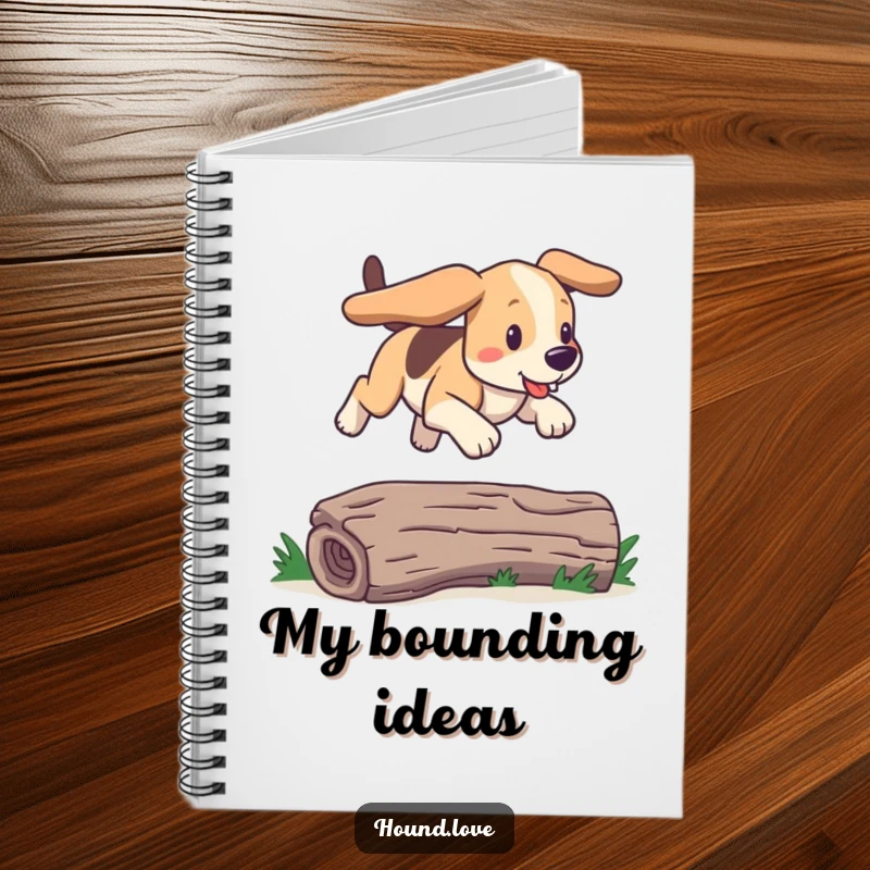 Funny bounding hound notebook with a design of a dog joyfully leaping over a log. Humorous and practical gift.