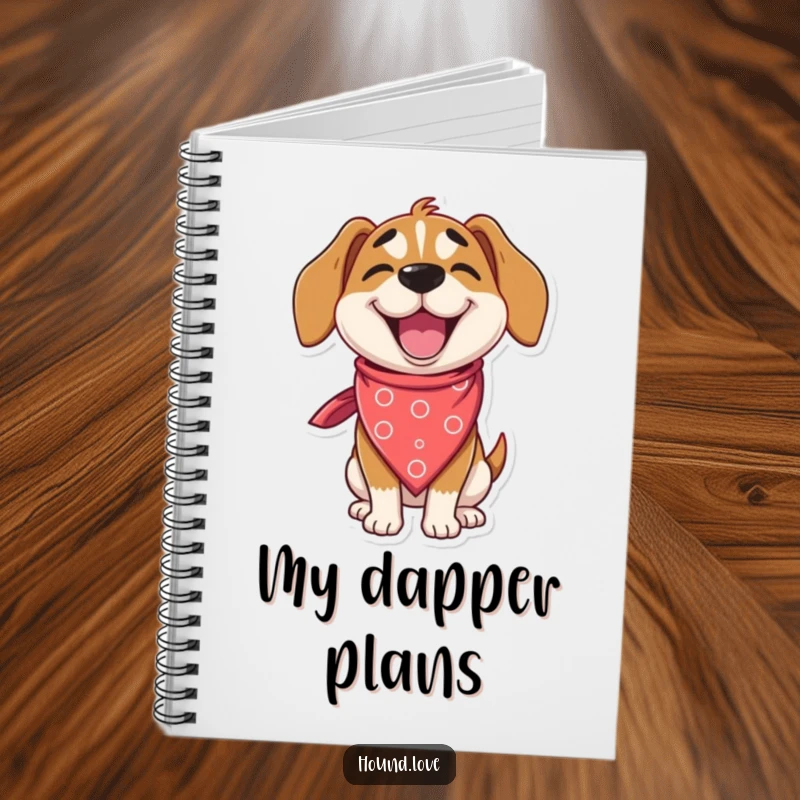 Funny hound notebook with a delighted dog character winking while wearing an enormous, silly bandana, ideal for humorous journaling.