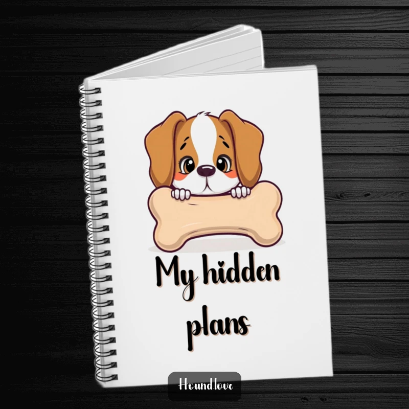 Funny hound peeking with curiosity from behind a giant, talking bone, on a notebook cover, perfect for jotting notes humorously.