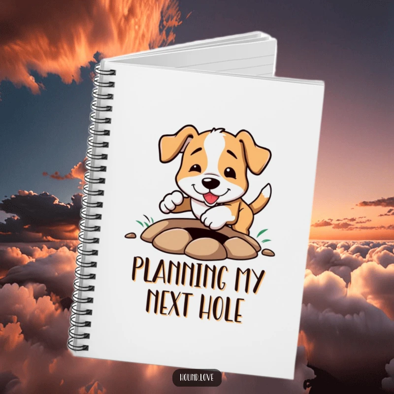 Funny Notebook: A cheerful hound character digging energetically in the dirt, a comical and inspiring image for journaling and creativity.