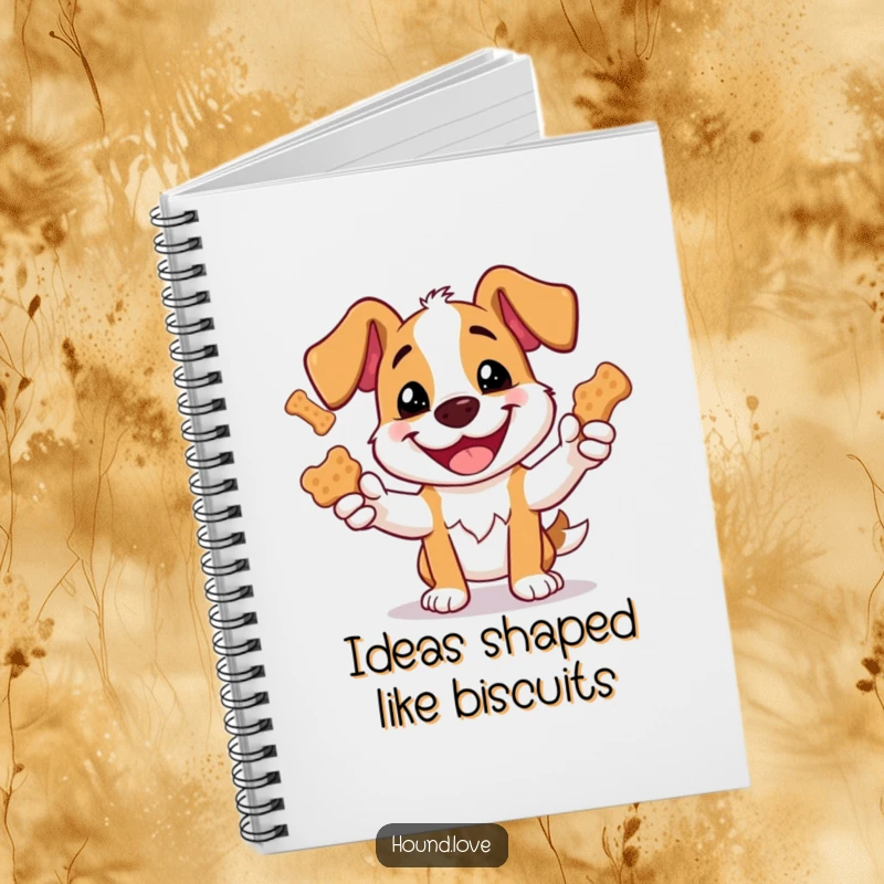 Funny notebook cover with a dog juggling many dog biscuits, great for journaling and creative thoughts.